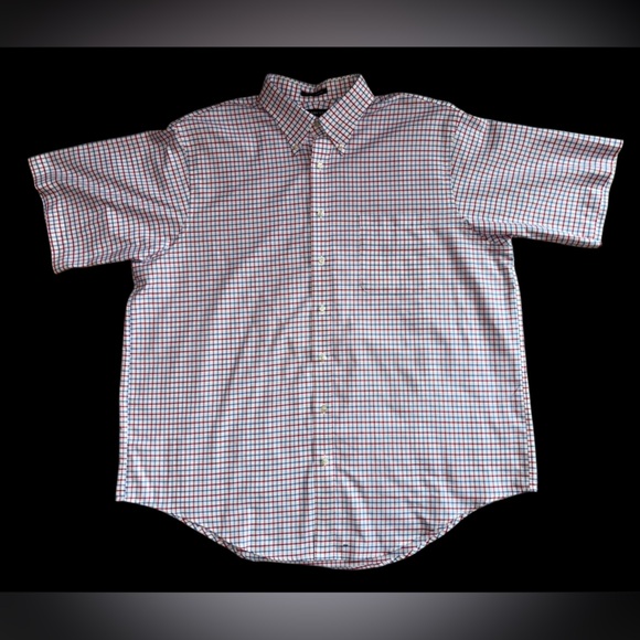 Lands’ End Men’s Short Sleeve Button Dress Shirt EUC Red White Blue 18 Oxford - Picture 1 of 6